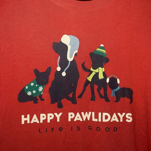 Life Is Good Men's size Medium Red Happy Pawlidays Dog Long Sleeve T-Shirt - Picture 4 of 8